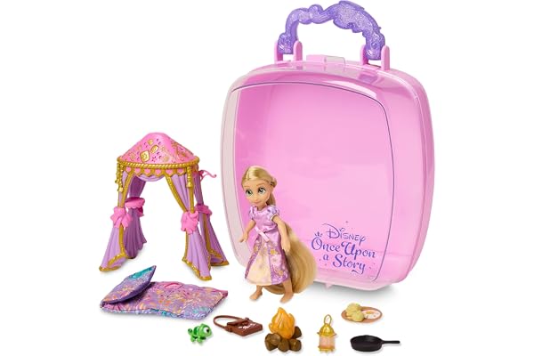 Disney Store Officiel Coffret Mini Poupée Raiponce, Once Upon a Story, 10 pièces, Ensemble de Figurines avec Accessoires, incluant Pascal et Tente à baldaquin, Dès 3 Ans