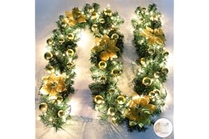 Queta Ghirlanda Natalizia, Ghirlanda di Abete Decorazione Natalizia con Fiori Bellissime lampade Decorazione Natalizia per Scale, pareti, Porte 2.7m (Golden)