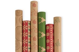 RUSPEPA Rollo De Papel De Regalo Navideño - Papel Kraft Marrón Con Patrón Rojo Y Verde - Colección Elementos Navideños - 6 Rollos - 76 cm X 305 cm Por Rollo
