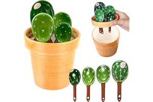 MENGCAT Keramik Cactus Messlöffel Set im Topforganizer, 5 Stück Cup Messbecher Set mit Meßlineal, Cup Messbecher Klein Löffel Set mit Skala,Süße Cactus Measuring Cups Für Trockene Flüssige Zutaten Salz Zucker