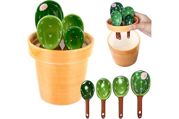 Céramique Ensemble de cuillères à mesurer Cactus dans un organisateur de pot, 5 pièces adorable ensemble de tasses et cuillères à mesurer pour la cuisine mesurage sec humide