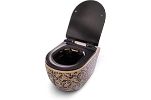 RD Luxury® | WC suspendu élégant noir et or avec motif floral - Ensemble mural complet sans rebord en céramique. Inclus : siège WC en Duroplast Softclose et kit d'isolation phonique.