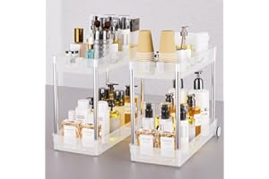Fowooyeen Organizer Sottolavello Cucina, Organizzatore per Cosmetici Porta Trucchi, Scaffalature Sottolavello Salvaspazio, Porta Detersivi, Ripiani per Lavandino e Bagno, Traslucido - Set di 2