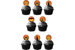 TOP THAT 24 PRE CUT Black and Orange Halloween Themed Edible Wafer Paper Round Cake Toppers Decorations