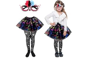 SSKHE Kostium szkieletu dla małej dziewczynki, spódnica 30 cm, ze skarpetkami, maską, wzory czaszki, strój horroru dla dzieci, akcesoria, fantazyjne rekwizyty, na Halloween, karnawał