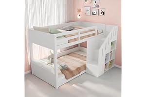 SAPGAKS Lit superposé Enfant 90 x 200 cm, lit Mezzanine 2 Places 90 x 200,lit cabane Enfants Multifonction avec escaliers et casiers,Rampe Stable,sans Matelas,Protection Anti-Chute,90 x 200 cm,Blanc