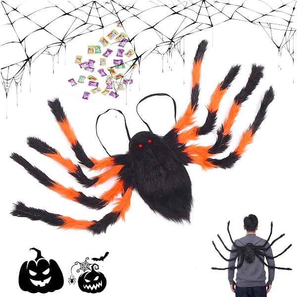 Forhome Halloween Riesenspinne Rucksack – 49 Zoll Große Plüschspinne Mit Gummiband, Süßigkeiten-Tasche