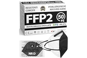 POLONORD ADESTE ADESTE - 50 Mascherine FFP2 NR D Nere Certificate CE, Filiera controllata, anallergiche, con elastici comodi e resistenti. Sicura: capacità filtrante >99,5%, Buste singole sigillate