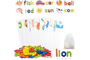 TRUEIN Spelling Games for 1 2 3 Year Olds Kids, Matching Letter Alphabet Puzzle Game with 28 Flash Cards and 52 Wooden Letters Blocks, See Spelling Words Learning Toy, Educational Gift for Girls Boys