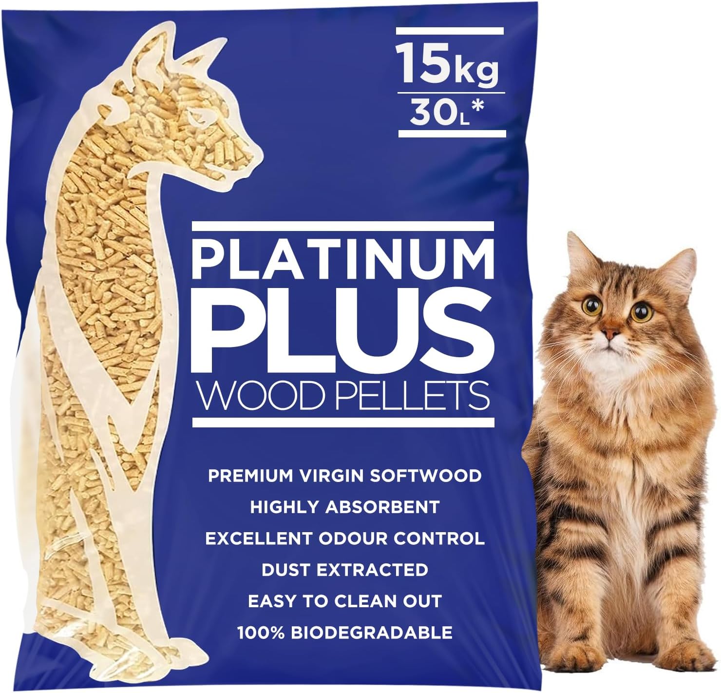 Platinum Plus Cat Litter 30L Bag | Premium Natural Wooden Pellets- Odour Control - Biodegradable Wood Pellet - Dust Free Abso