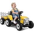 Maxmass Kids Electric Tractor and Trailer, Ride on Tractor with USB & Bluetooth, Toddler 4 Wheels Ride on Toy Car for 3+ Years (Yellow with Remote Control)