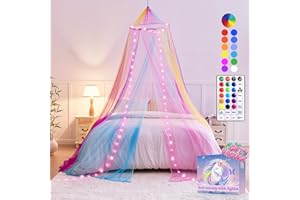 HEYCOLOR Rainbow Bed Canopy Girls with Lights, 24 Colours, Canopy Bed Curtains, LED Star Fairy Lights, Princess Canopy, Remote Timer for Children's Room, Tent, Twin, Full Queen, King Size Bed