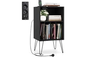 COSTWAY Meuble Tourne-Disque Vinyle avec Prise, Support Platine Vinyle avec Station de Charge,2 Prises,1 USB,1 Type-C,Pieds en Métal, Meuble Rangement HiFi pour Salon Chambre(Noir)