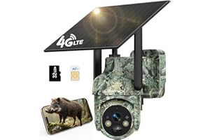 LEMNOI Fototrappola 4G Solare con SIM e Scheda SD Preinstallate, Fotocamera da Caccia con Pannello Solare, Telecamera Esterna 2K PTZ Impermeabile con Visione Notturna a Colori, Rilevamento PIR