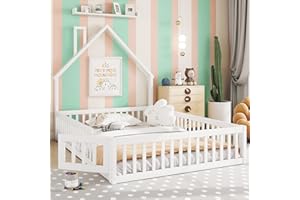 MYBOO Kinderbett Bodenbett Doppelbett 140x200 cm mit Sicherheitsgitter&Lattenrost&Schornsteinform, Montessori Bett Bed Gitterbett Hausbett Holzbett Bettgestell Jugendbett, Kiefernholz, Ohne Matratze, Weiß