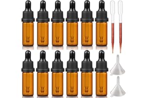 Hyber&Cara 5ml Flaconi bottiglie contagocce in vetro ambrato con pipette contagocce per aromaterapia oli essenziali, con imbuti + pipette, 12 pezzi