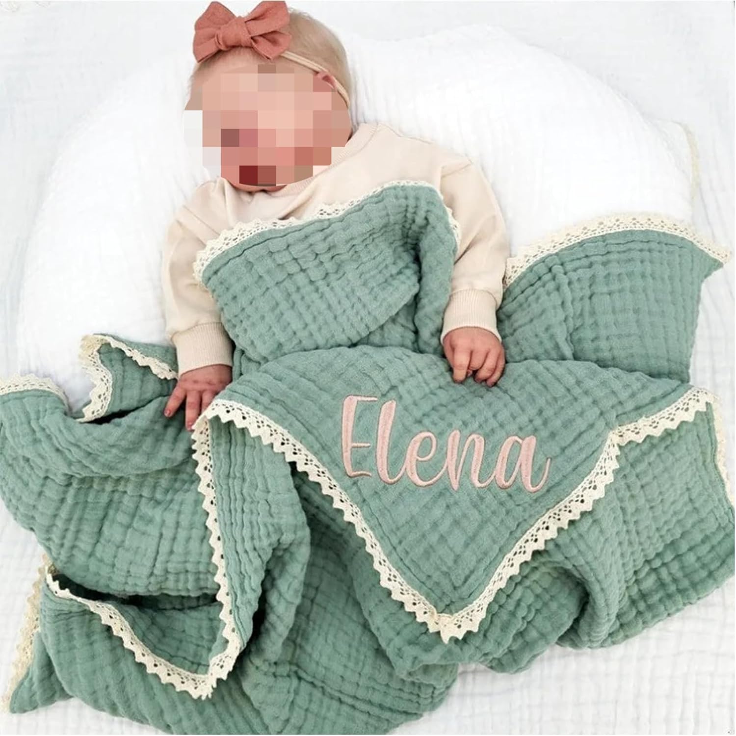 Personalised Blanket Personalised 6 Layers Muslin Wrap Cotton Baby Blankets Lace Reception Blanket Newborn Bath Towel (Customized)