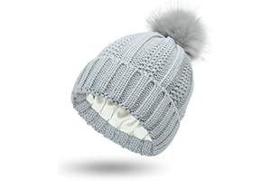 CAMELLIASS Women Knitted Beanie with Satin Lining Pom Pom Winter Warm Cap Bobble Hat