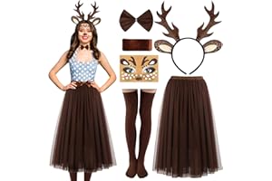 YADODO Reh Kostüm Damen Kleid mit Reh Geweih Haarreif Tattoo Socken Brauner Tüllrock Lang Rentier Kostüm Erwachsene Karneval Bambi kostüm Damen Reh Rehkitz Faschingskostüm Tütü Rock Braun Lang Frauen