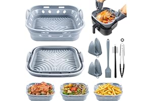 FOENWOEN 22cm Molde Silicona Freidora de Aire, 2 Moldes Silicona Freidora Aire,2 Guantes,Pinzas cocina,Pincel Cocina,Cepillo plato.Accesorios Freidora de Aire son compatibles con COSORI 5,5L Cecotec 6L(Gris)