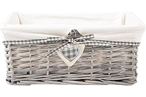 GREEN LEAVES Natural Wicker Storage Basket with Lining Hamper Baskets for Gifts Empty Baskets for Shelves (Grey Washed, Medium)