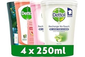 DETTOL - 4 Recharges No-Touch Savon Liquide Mains 250 ml - Action Nettoyante - Tropicale, Pamplemousse, Karité et Aloe Vera