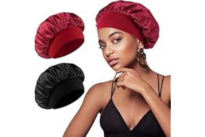 WAYMAYTECY 2 Piezas Gorros para Dormir de Seda, Transpirable Banda Ancha Elástica Pañuelo de Seda para Dormir Pelo Rizado, Reutilizable Dormirs Gorro, Paras Mujeres y Niñas(Negro&Rojo)