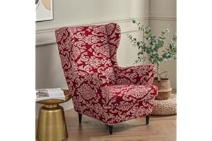 Highdi Wingback Chair Covers 2-Piece Stretch Wing Chair Cover for Armchair, Washable Sofa Chairs Slipcover Spandex Fabric Furniture Protector for Living Room Bedroom Hotel (Red Baroque)