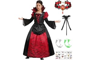 FOVER Vampir Kostüm Kinder Mädchen Dracula Kostüm Kinder Gothic Royal Vampirin Königin Cosplay Outfit mit Zubehör Halskette Zähne Halloween Karneval Mottoparty Dress Up Set