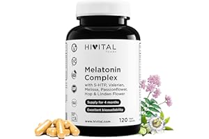 HIVITAL FOODS Melatonina Complex. 120 cápsulas veganas para 4 meses de tratamiento. Con 5-HTP, Valeriana, Melisa, Pasiflora, Amapola Californiana, Lúpulo y Tila. Fabricado en España por HIVITAL