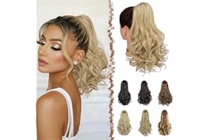 FESHFEN Queue de Cheval Extension avec Cordon, 38 cm Extensions de Cheveux Ondulées Synthétiques Postiche Bouclés pour Femmes, Mixte Blond