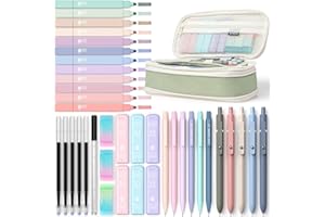 Four Candies 39 Stück Schulsachen mit Mäppchen, 12 Pastell Textmarker, 5 Gelstifte, 6 Druckbleistift Set, Aesthetic Stifte und Coole Sachen für Teenager Mädchen School Stuff Clean Girl (Grün)