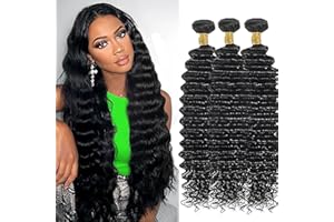 Hxxcoup Extensiones de Cortina Pelo Natural Humano Cabello Virgen Brasileño Natural Black Human Hair Extensions Deep Wave Bundles 3 Bundles Negro Double Weft Unprocessed Remy Hair 8 10 12 Inch