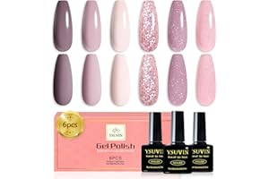 YSUVIN Semipermanente Unghie, 6 Colori Rosa Marrone Latteo Bianco Glitter Smalto Semipermanente Unghie, Smalto Unghie Soak Off UV/LED Lampada Fai da te in casa per Principianti, 8ml