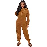 Young Forever Damen Jumpsuit Teddy Fleece Einteiler Overall mit Kapuze flauschig und kuschelig Warme Weich Einteiler Ganzkörp