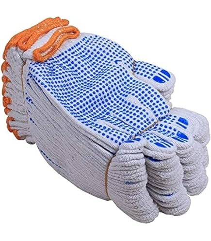 A406 12 Pairs Nylon Polka Dot Work Gloves, White Dotted Gloves Cotton Grip Work Gloves For Warehouse Non Slip Gloves Protective Gloves Medium 8