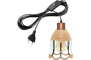 LQUNFYL 5M Cavo Lampadario a Sospensione con Spina, Noce Colore E27 Portalampada con Interruttore, Include Nero Forma del Fiore Corda Canapa Metallo Paralume, Lampada a Sospensione, DIY Luci Da Terra