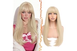BARSDAR Larga Rubio Pelucas con Flequillo, Larga Lisa Rubio Peluca con Flequillo para Mujer 60cm Aspecto Natural Grueso Sintético Reemplazo de Cabello Pelucas Cosplay Halloween Fiestas