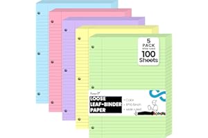 Koogel 5-Color Loose Leaf Paper, 500 Sheets Wide Ruled, 8 x 10.5 Inch, 3-Hole Punched for 3-Ring Binders, Perfect Notebook Paper Filler for Note-Taking, Ideal for Back to School Student & Professional
