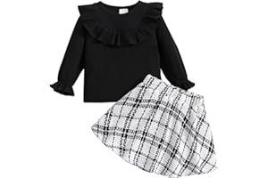 Qiraoxy Baby Girl Clothes Ruffle Ribbed Long Sleeve T-Shirt Top Plaid Skirt Fashion Set 2Pcs Toddler Kids Girl Fall Winter Outfits 1-6 Years