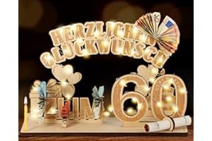 ‎GIFTOTA Giftota Original 60. Geburtstag Geldgeschenke Holz mit LED Lichterkette, Geschenke zum 60 Geburtstag Mann Frau, 60er Geburtstagsgeschenk