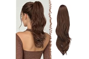 FESHFEN Vågigt Hästsvans Hårförlängning med Dragsko, Naturlig Ondulada Ponytail Extension Clip in Syntetiska Mörkbrun & Rödbr