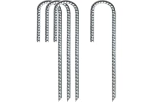LAOJU Ground Stakes Rebar, Tent Stakes Galvanized Steel Ground Anchors Garden Staples Landscape Pins Heavy Duty J Hook Tents Pegs for Canopies Camping Trampolines Car Ports Swing Sets 12'' 4 Pack