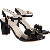 Shoetopia Elegant Heeled Sandals for Women ||Ankle Strap Chunky Block Heels with Gold Accent – Open Toe Dress