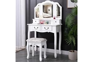 Blisswood Dressing table With 3 Tri-Fold Mirror & 4 Drawer Stool Set, Makeup Vanity Table, Cosmetic Bedroom Dresser Make Up Desk For Bedroom Furniture