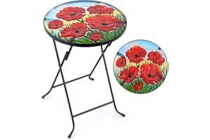 CHRISTOW Bistro Table Glass Top Round Folding Garden Patio Decoration Plant Stand (Painted Poppy)