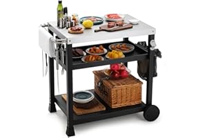 ‎LIFERUN LIFERUN Edelstahl Grillwagen 3 Etagen, Grilltisch Outdoor mit Edelstahl Tischplatte, Grill Beistelltisch Servierwagen, Garten Trolley Küchenwagen mit Rollen Haken, BBQ Beistellwagen Außenbereich