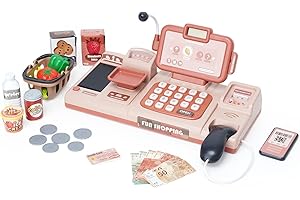 NUKIED Elektroniczna kasa fiskalna, zabawka, kasa fiskalna ze skanerem, bieżnia, dźwięk, jedzenie, koszyk na zakupy, prezent dla dziewczynek i chłopców od 3, 6 lat (różowa), 33 x 15 x 16 cm