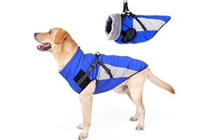 HEYWEAN Wodoodporny płaszcz dla psa z uprzężą, odblaskowy, ciepły płaszcz dla psa, kurtka zimowa, z podszewką polarową, z futrzanym kołnierzem, płaszcz turystyczny dla psa, zamek błyskawiczny, ubrania