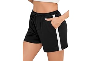 Vlazom Short Sport Femme Coton Été Short de Sport Pantalon de Jogging Court à Rayures avec Poches pour Jogging Running S-XXL